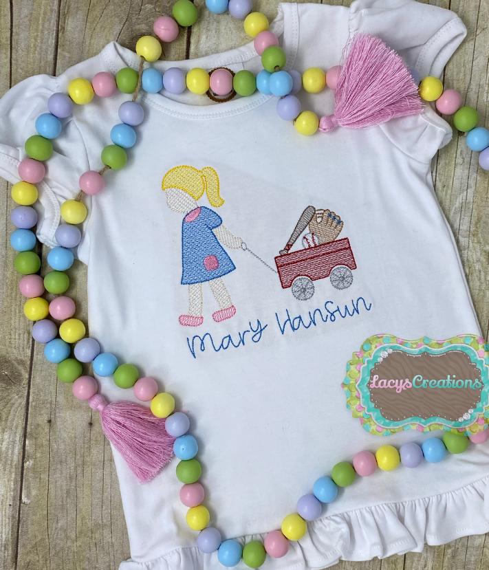 Little Girl pulling a Baseball Wagon Sketch Embroidery (Infant Girl Ruffle Gown)